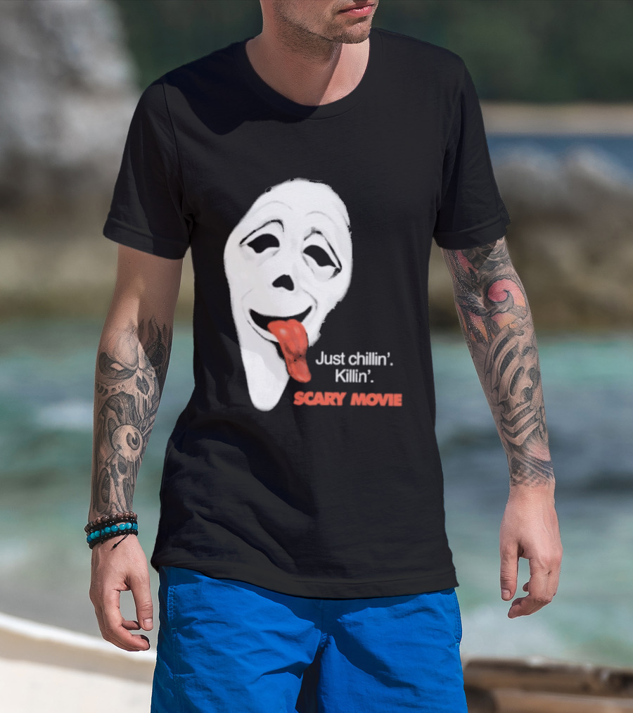 Just Chillin' Killin' Scary Movie Ghostface Mask With Red Tongue T-Shirt