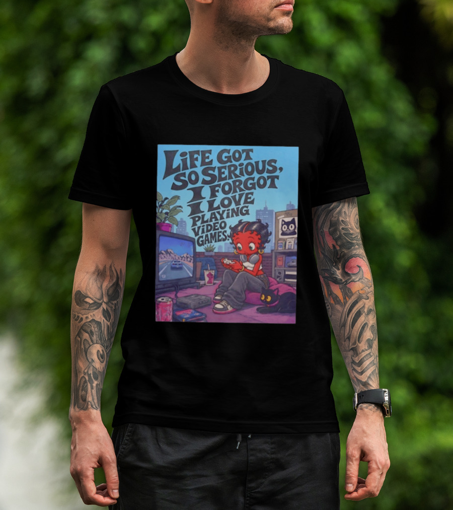 Life Got So Serious I Forgot I Love Playing Video Games City Room Scene Retro Character And Cat T-Shirt