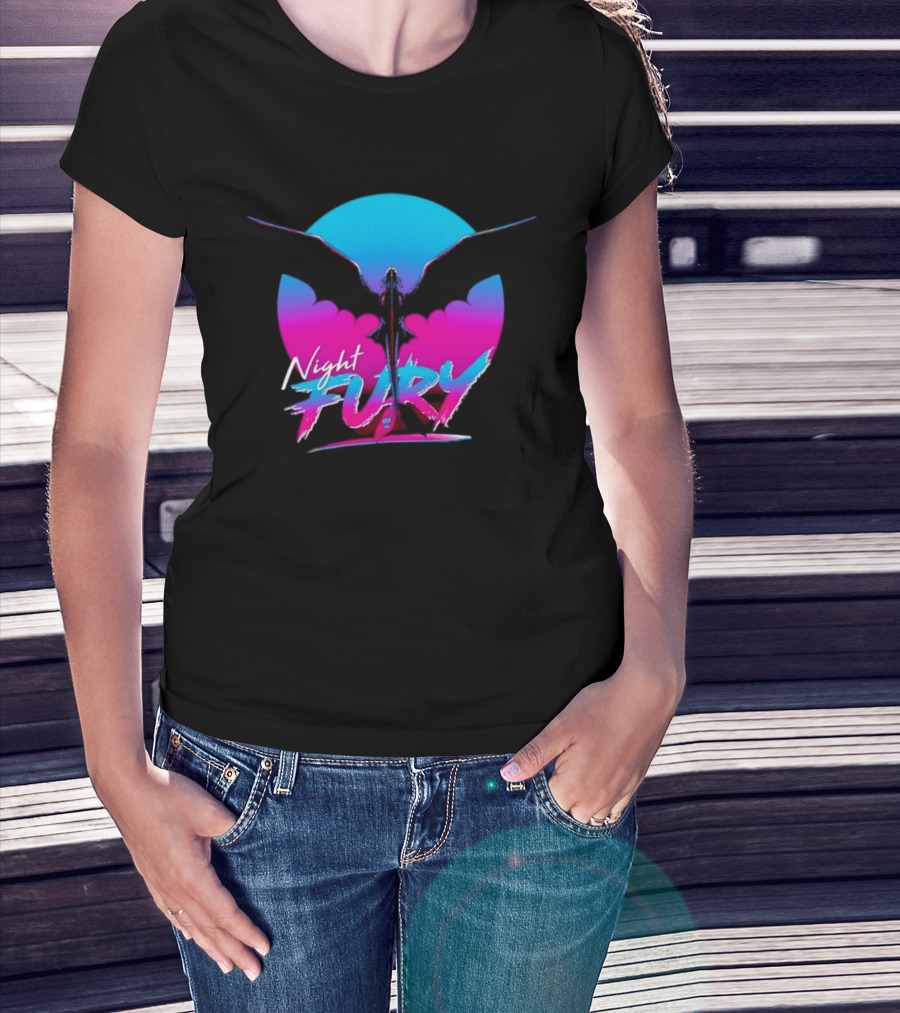 Night Fury Dragon Silhouette Neon Blue And Pink T-Shirt