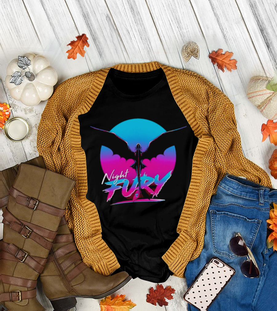 Night Fury Dragon Silhouette Neon Blue And Pink T-Shirt