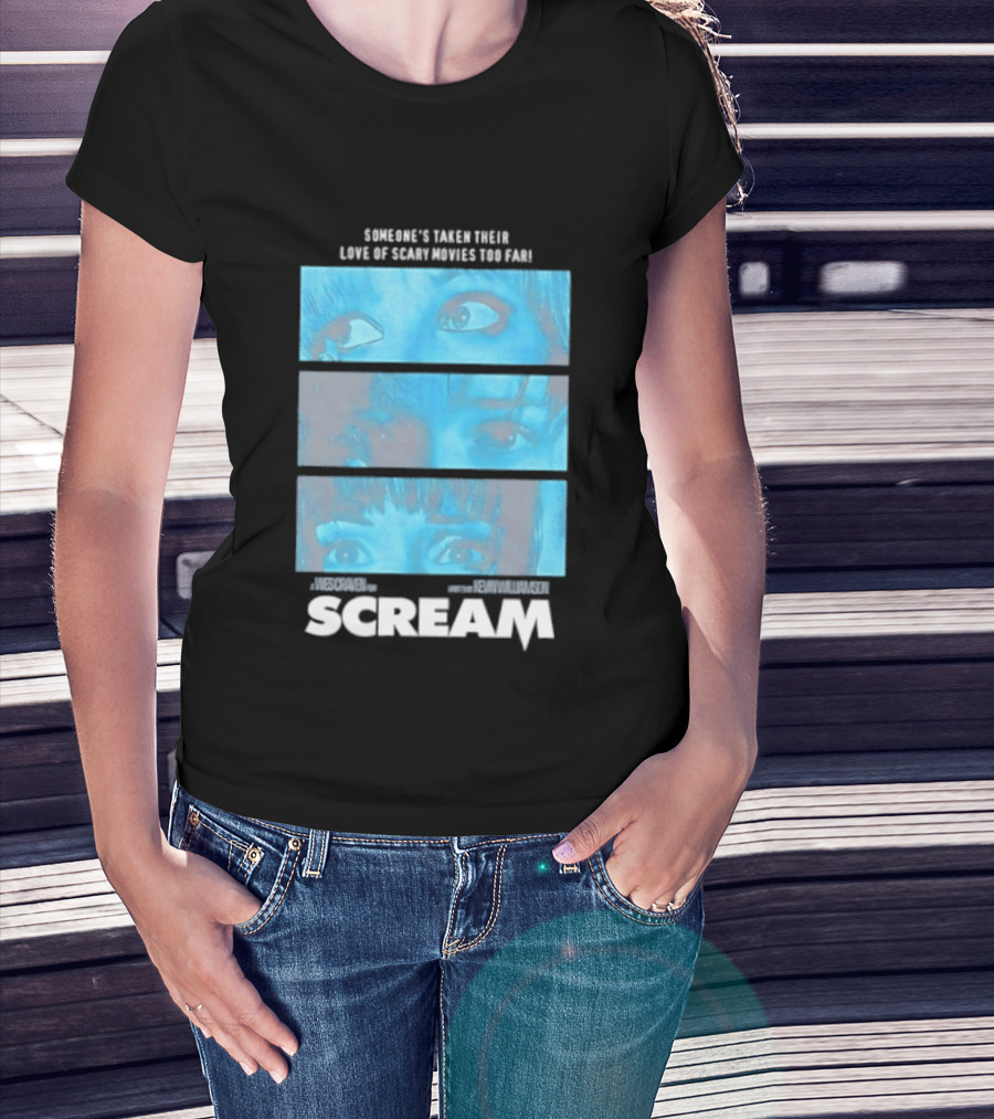 Someone's Taken Their Love Of Scary Movies Too Far Scream Eyes Dramatic Blue Panels T-Shirt