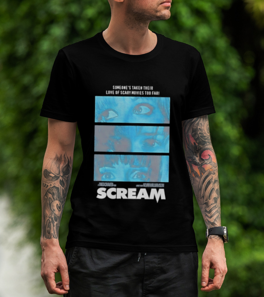 Someone's Taken Their Love Of Scary Movies Too Far Scream Eyes Dramatic Blue Panels T-Shirt