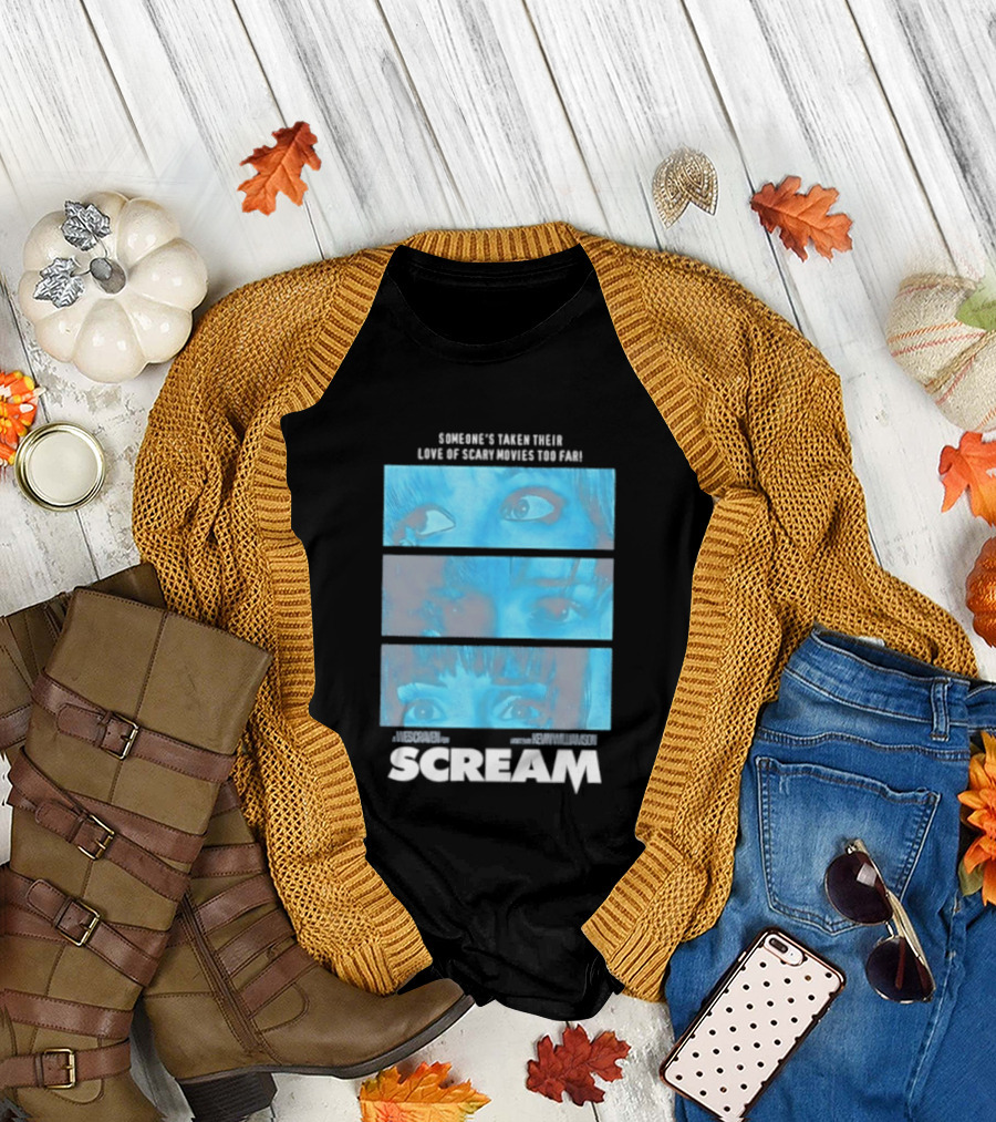 Someone's Taken Their Love Of Scary Movies Too Far Scream Eyes Dramatic Blue Panels T-Shirt