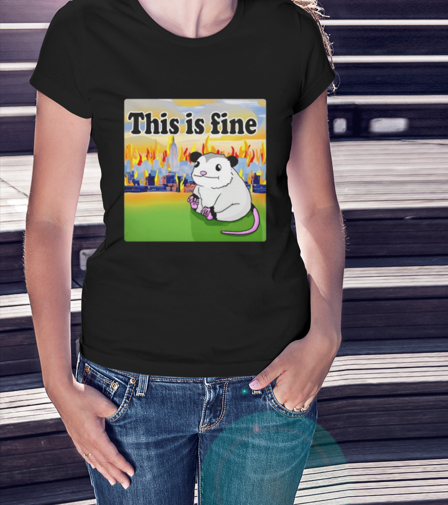 This Is Fine Opossum New York City NYC Urban Skyline Flames T-Shirt