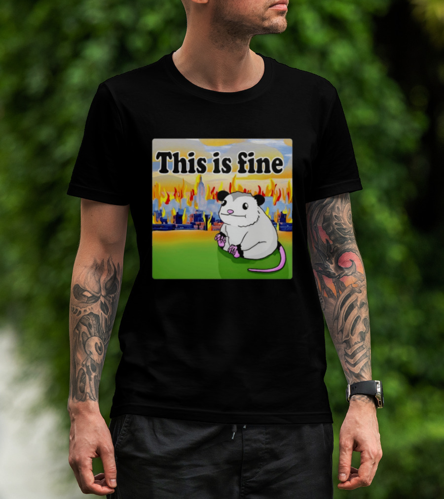 This Is Fine Opossum New York City NYC Urban Skyline Flames T-Shirt