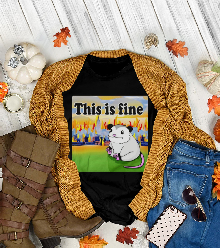 This Is Fine Opossum New York City NYC Urban Skyline Flames T-Shirt