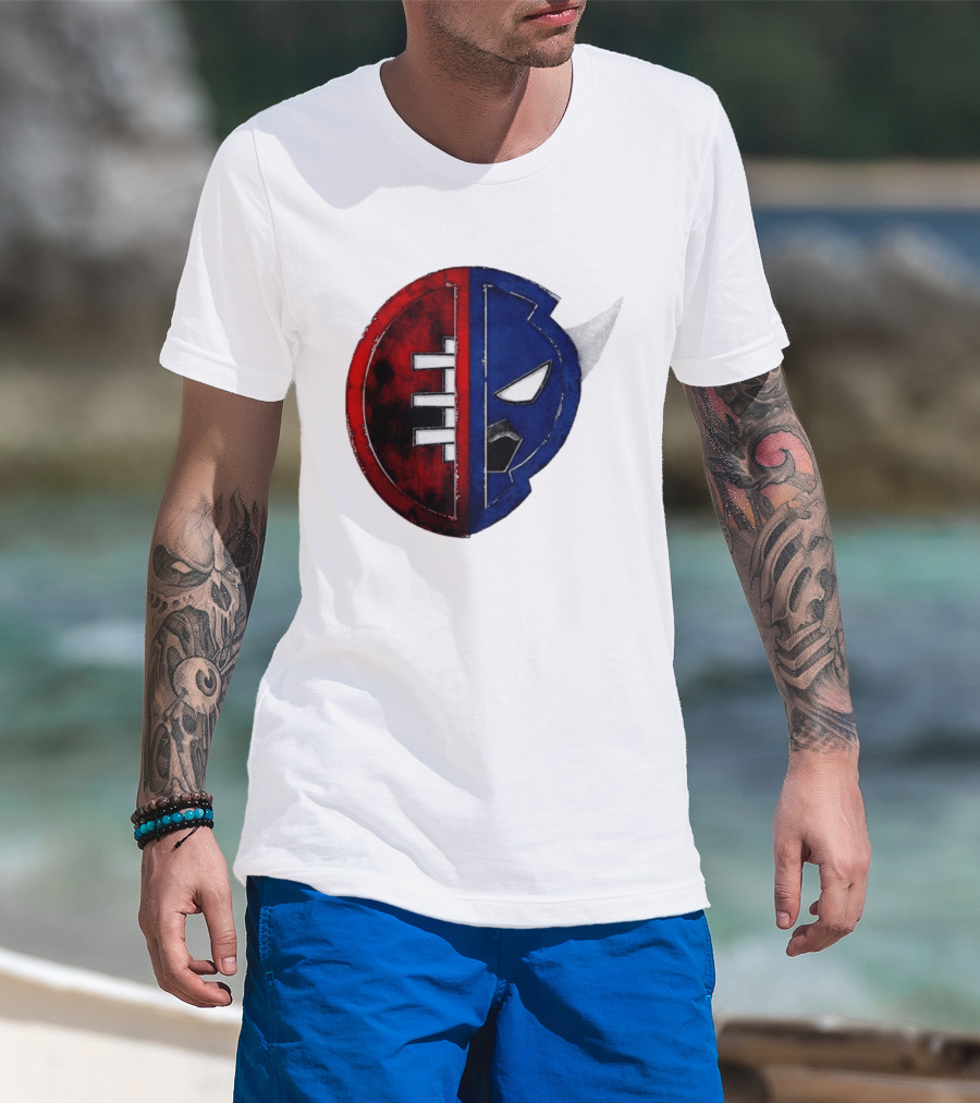 Buffalo Football Fusion Mask Emblem Red Blue Horns T-Shirt