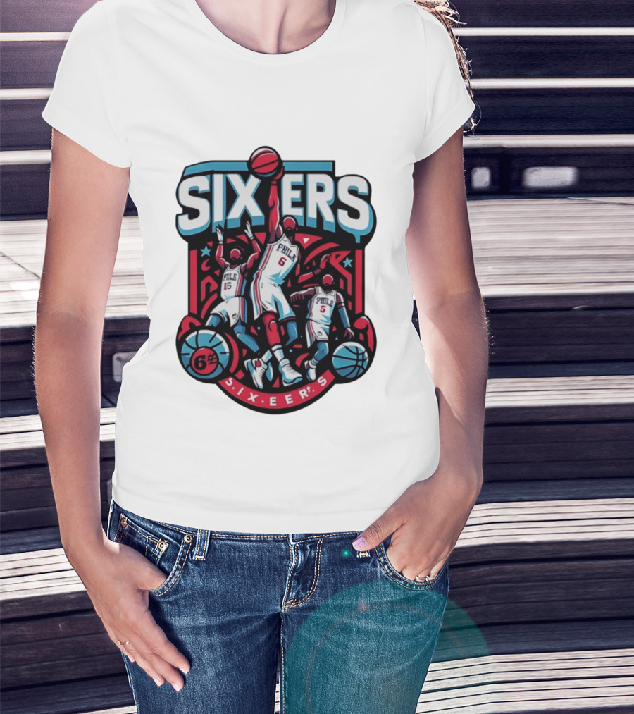 Philadelphia Sixers 2026 NBA Collage Featuring Number 6 Phila Basketball Player T-Shirt