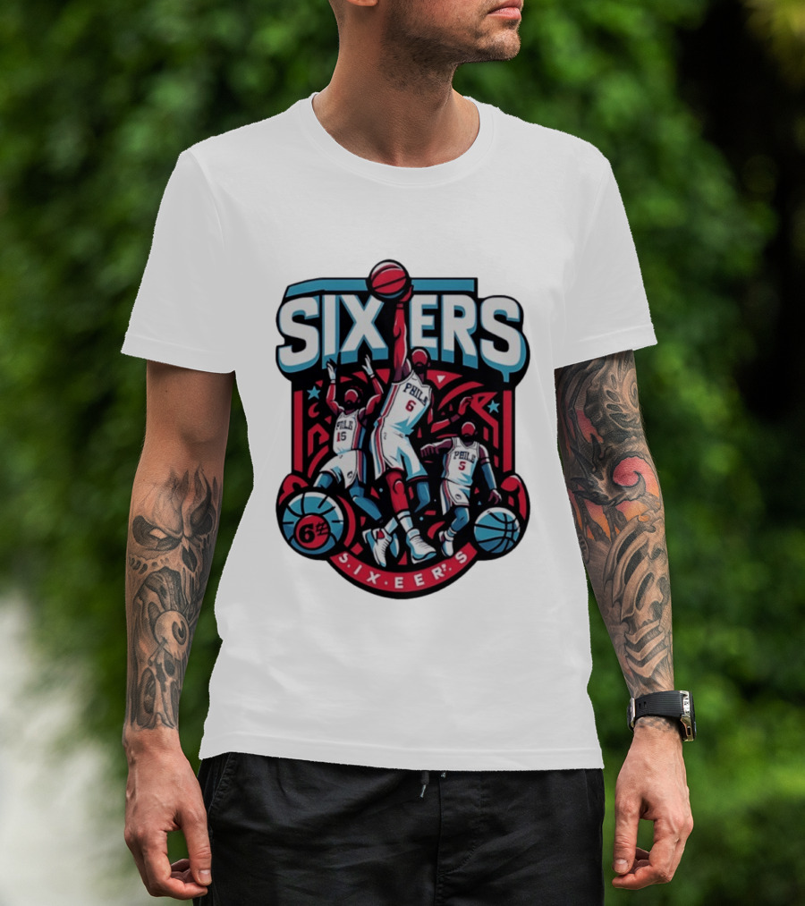 Philadelphia Sixers 2026 NBA Collage Featuring Number 6 Phila Basketball Player T-Shirt