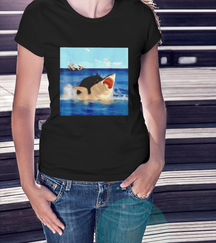Black Cat Riding Great White Shark With Ocean And Sailing Ship T-Shirt