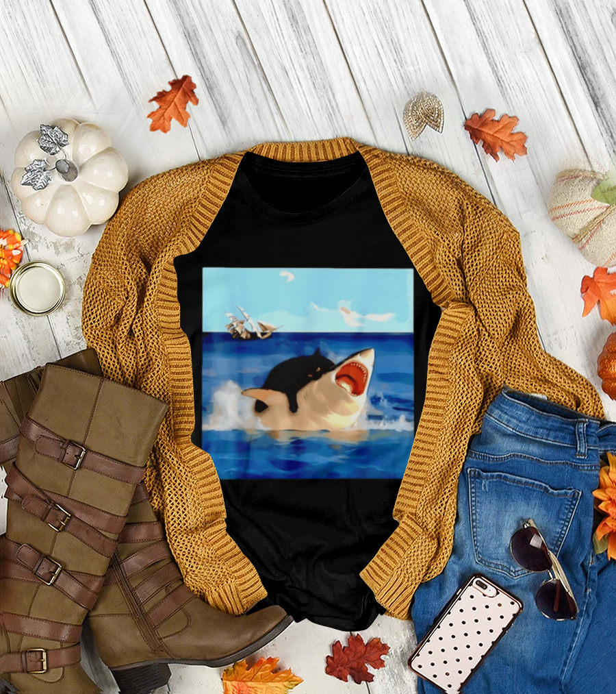 Black Cat Riding Great White Shark With Ocean And Sailing Ship T-Shirt