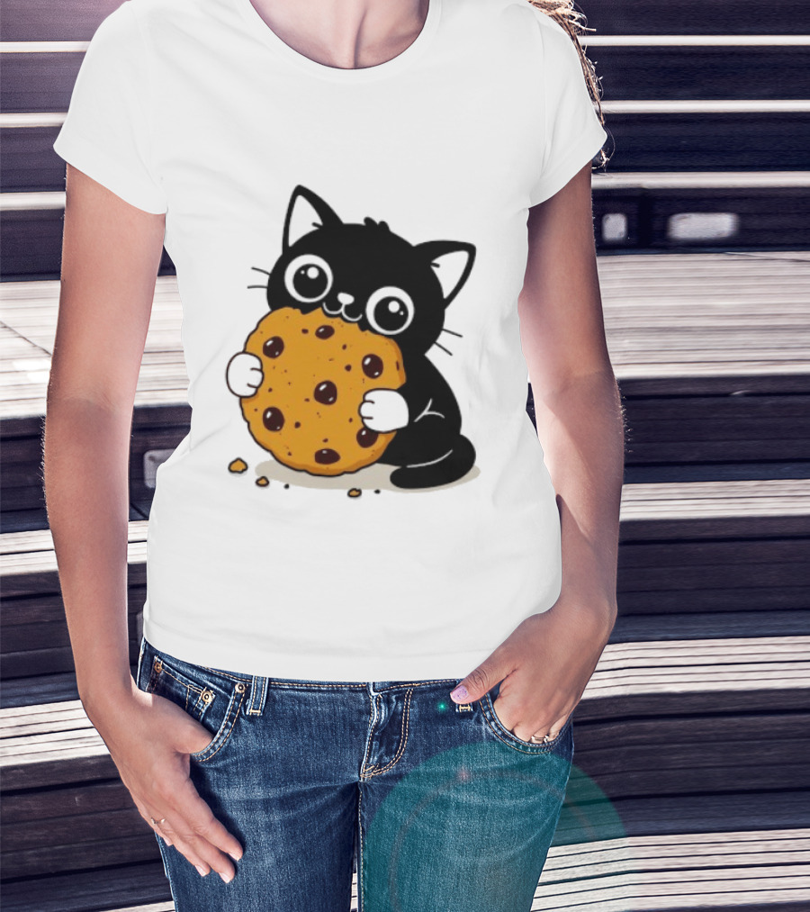 Black Cat Holding Chocolate Chip Cookie T-Shirt