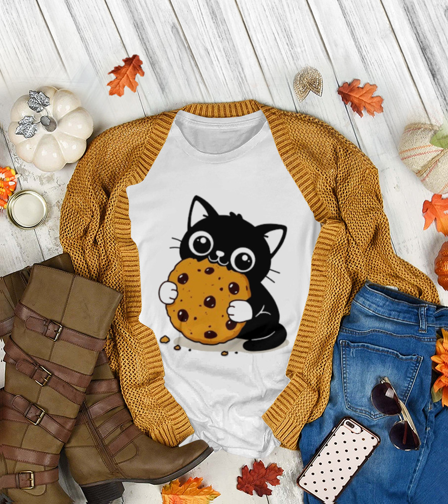 Black Cat Holding Chocolate Chip Cookie T-Shirt