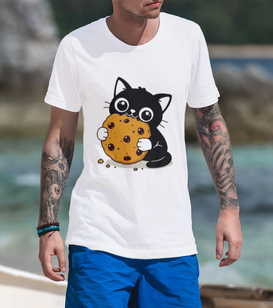Black Cat Holding Chocolate Chip Cookie T-Shirt