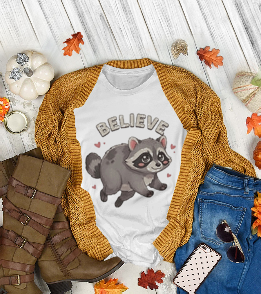 Believe Cute Raccoon Jimothy Hearts T-Shirt