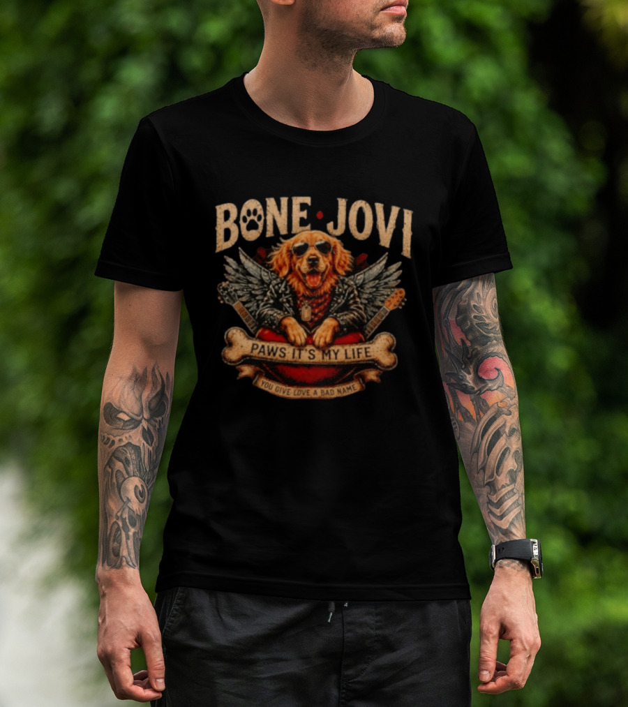 Bone Jovi Paws It's My Life You Give Love A Bad Name Golden Retriever Wings Guitar T-Shirt