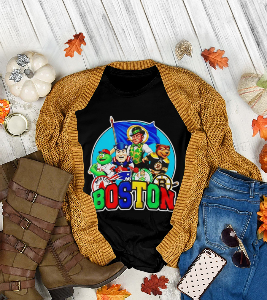 Boston Red Sox Patriots Celtics Bruins Mascots Characters T-Shirt