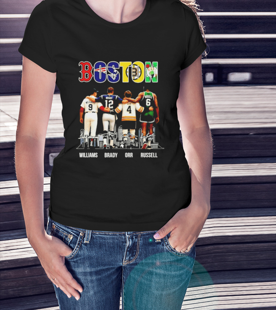 Boston Red Sox Patriots Bruins Celtics Williams Brady Orr Russell T-Shirt
