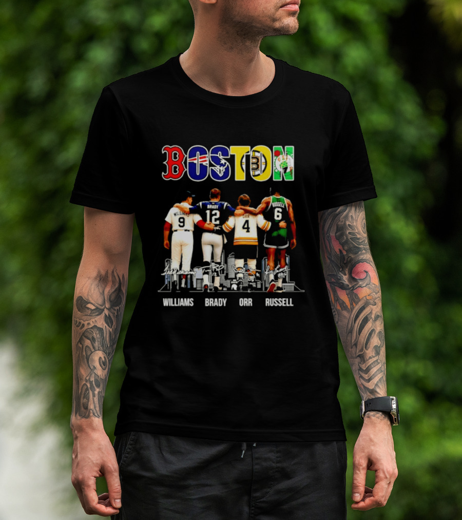 Boston Red Sox Patriots Bruins Celtics Williams Brady Orr Russell T-Shirt