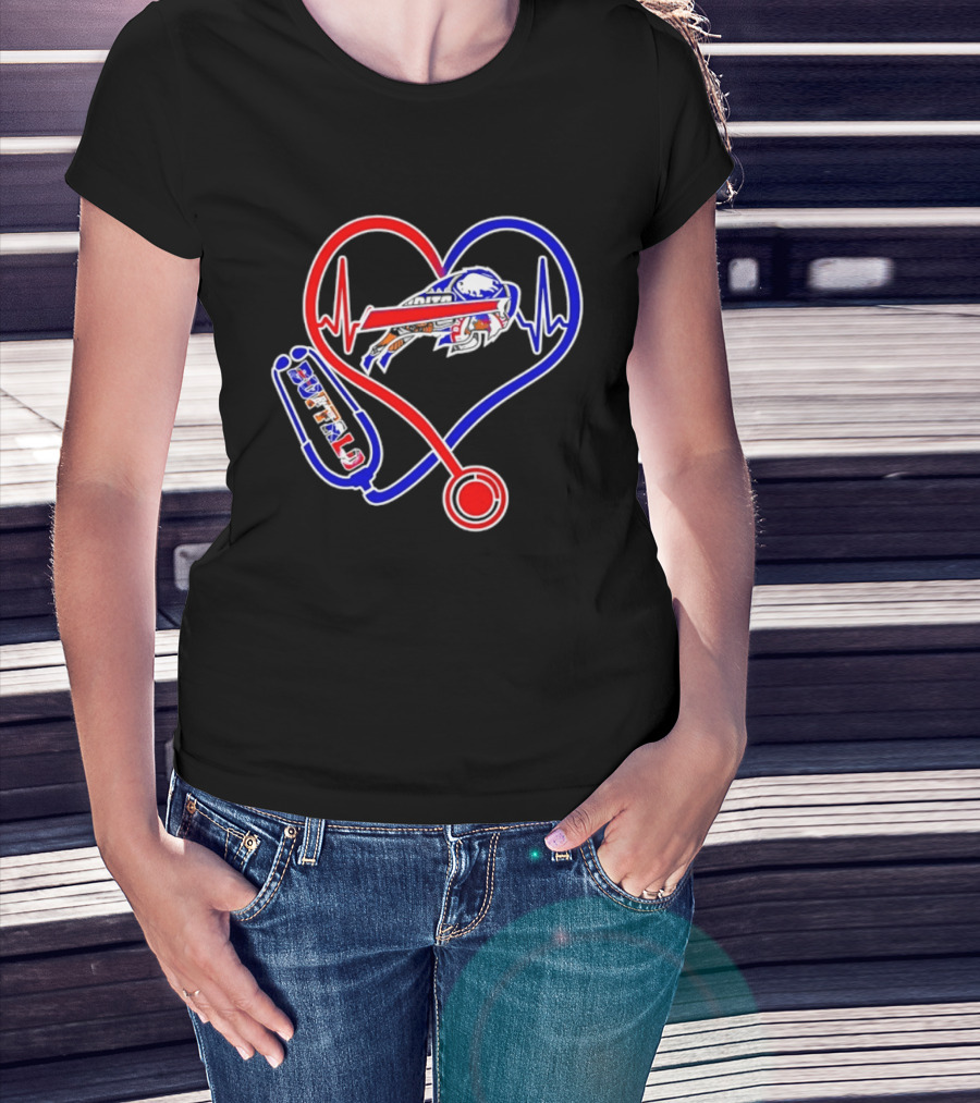 Buffalo Bills Sabres Heartbeat Stethoscope Red White Blue T-Shirt