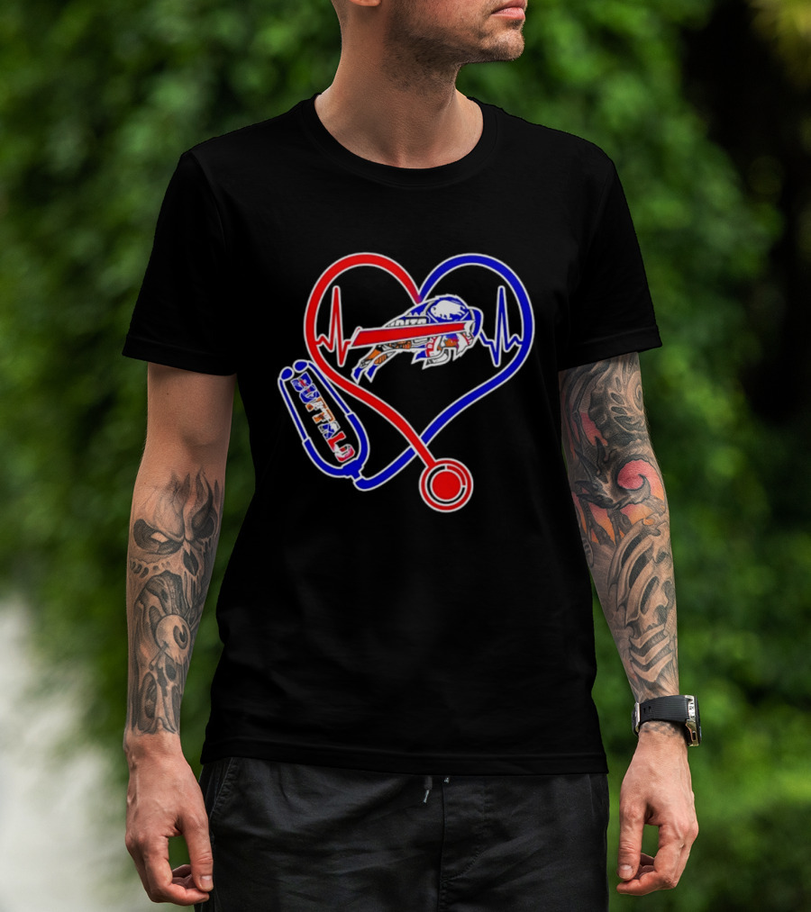 Buffalo Bills Sabres Heartbeat Stethoscope Red White Blue T-Shirt