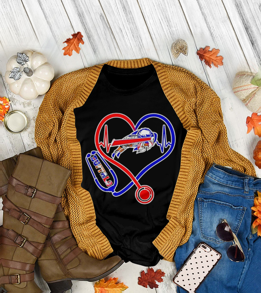 Buffalo Bills Sabres Heartbeat Stethoscope Red White Blue T-Shirt