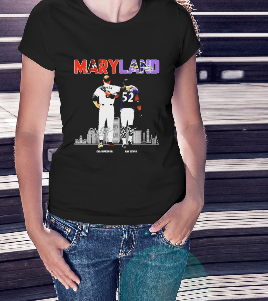 Maryland Cal Ripken Jr 8 Baltimore Orioles Ray Lewis 52 Baltimore Ravens Skyline T-Shirt