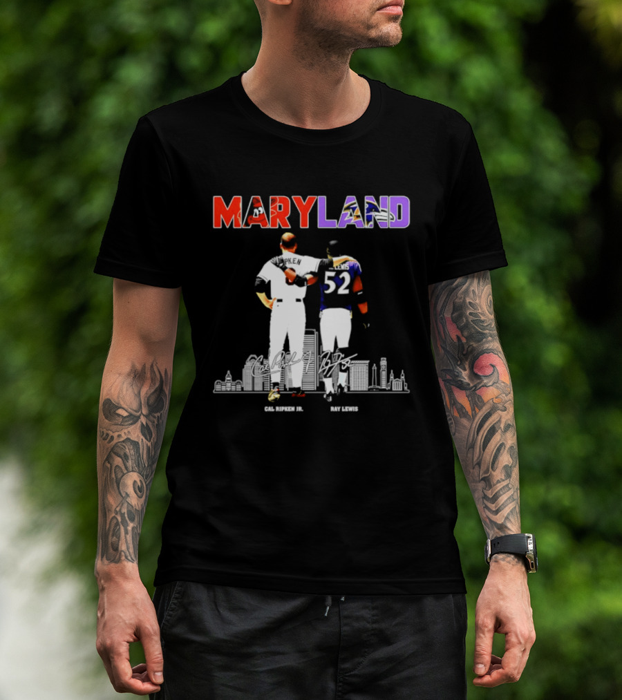 Maryland Cal Ripken Jr 8 Baltimore Orioles Ray Lewis 52 Baltimore Ravens Skyline T-Shirt