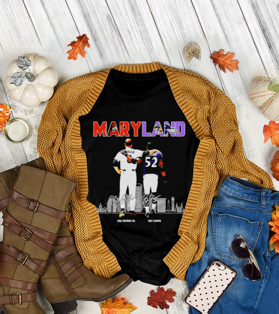 Maryland Cal Ripken Jr 8 Baltimore Orioles Ray Lewis 52 Baltimore Ravens Skyline T-Shirt
