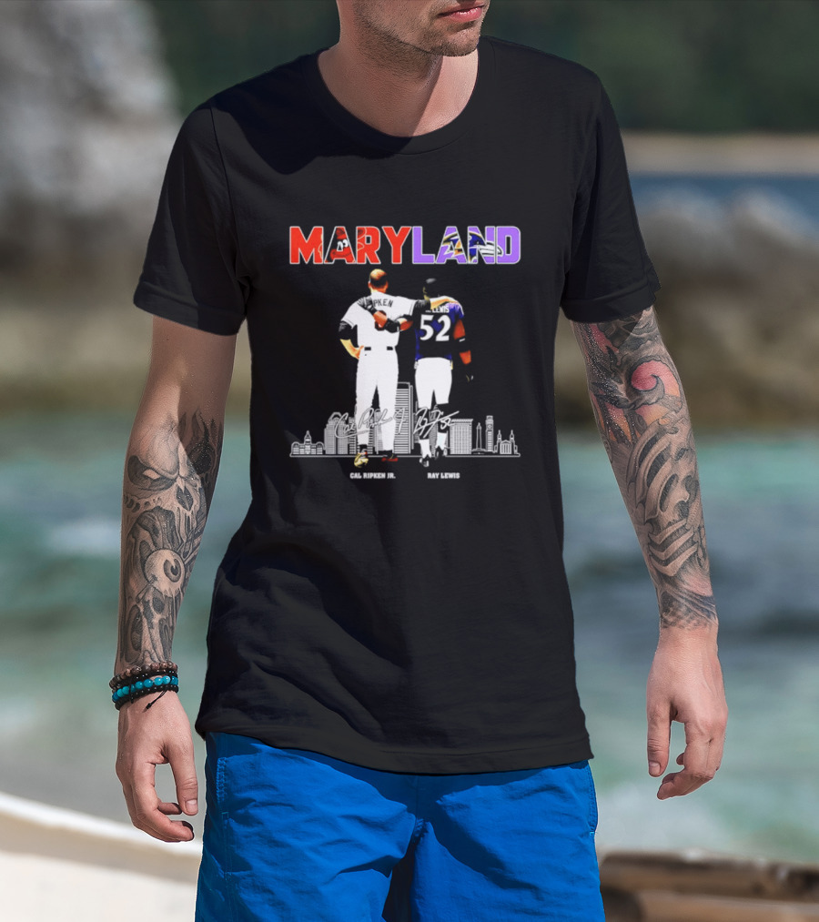 Maryland Cal Ripken Jr 8 Baltimore Orioles Ray Lewis 52 Baltimore Ravens Skyline T-Shirt