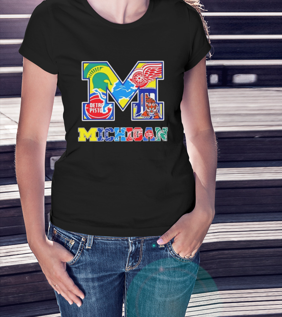 Michigan Detroit Pistons Red Wings Tigers Lions Wolverines Icons M T-Shirt