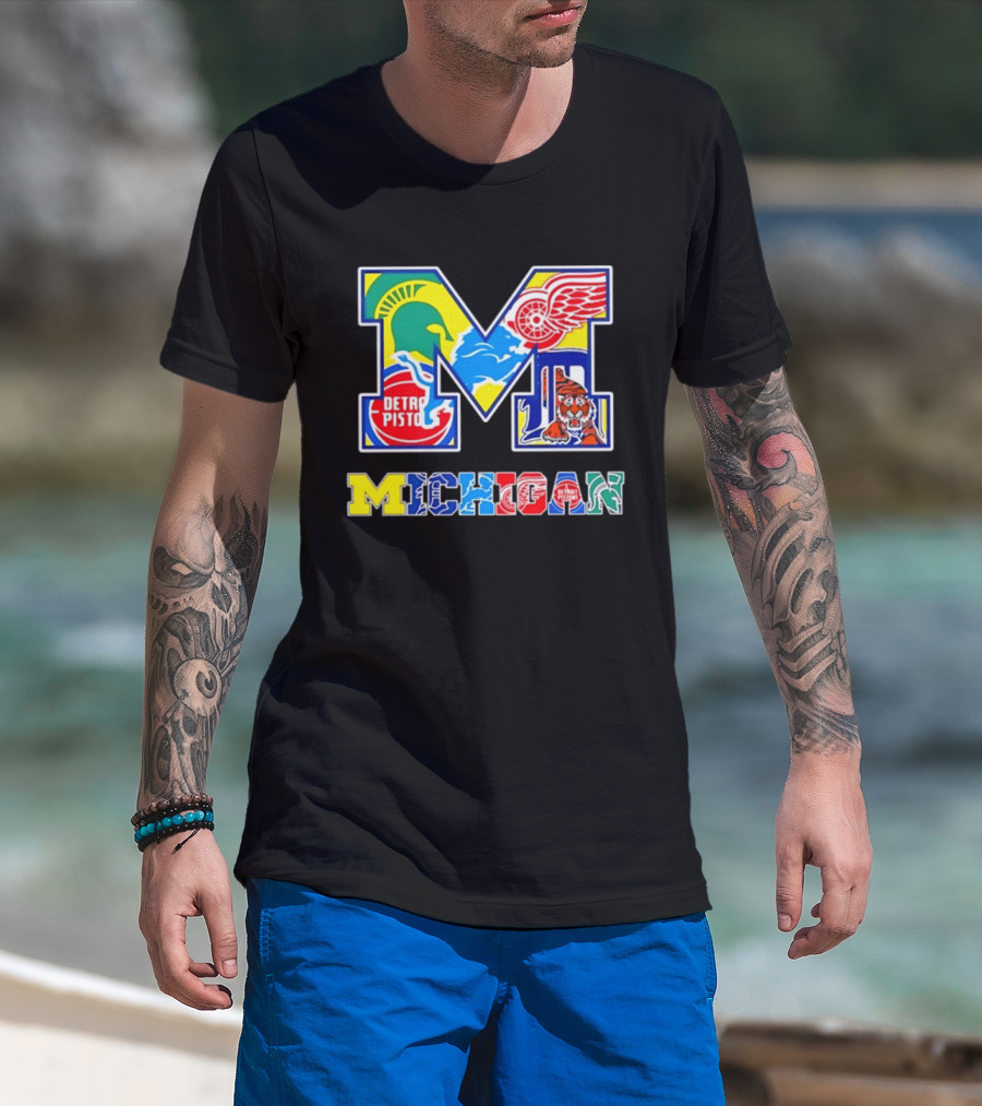 Michigan Detroit Pistons Red Wings Tigers Lions Wolverines Icons M T-Shirt