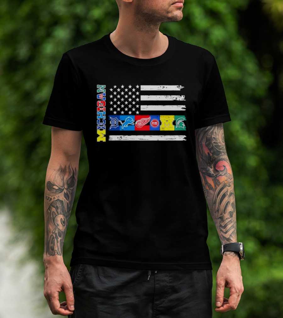 Michigan Detroit Tigers Lions Red Wings Pistons Wolverines Spartans Flag Sports Team Pride T-Shirt