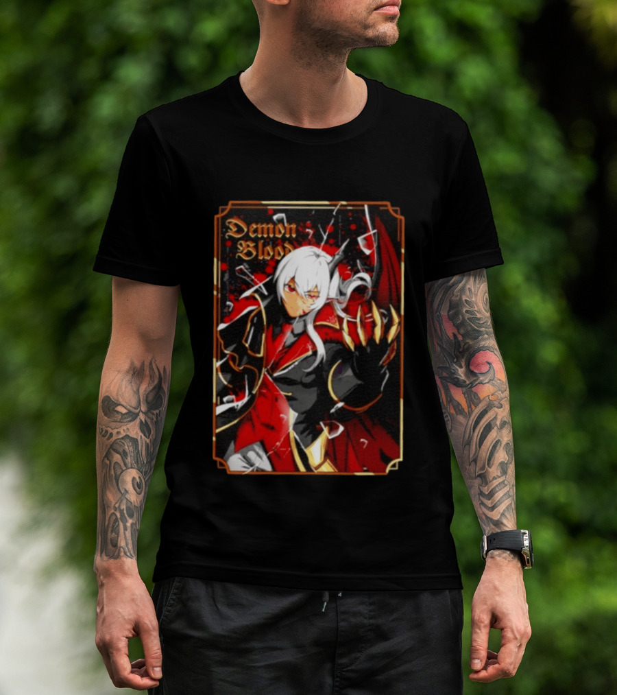 Demon Blood Anime Fantasy Dark Character Design With White Hair And Red Accents T-Shirt