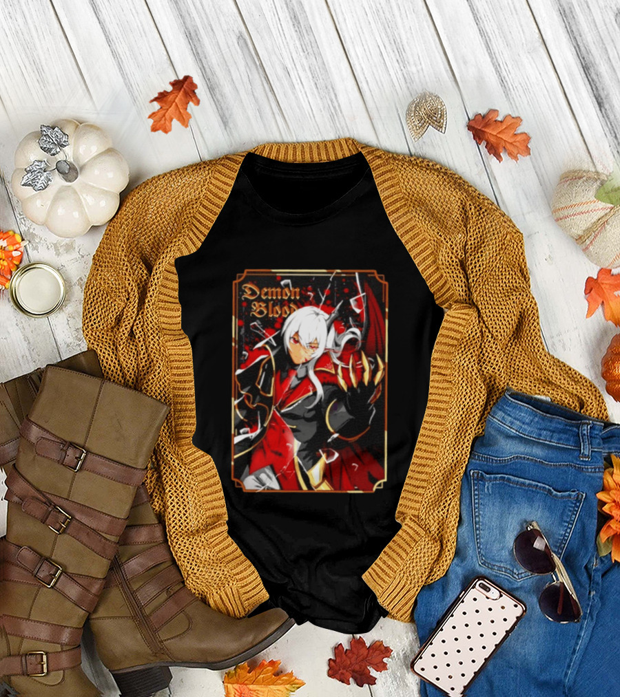 Demon Blood Anime Fantasy Dark Character Design With White Hair And Red Accents T-Shirt