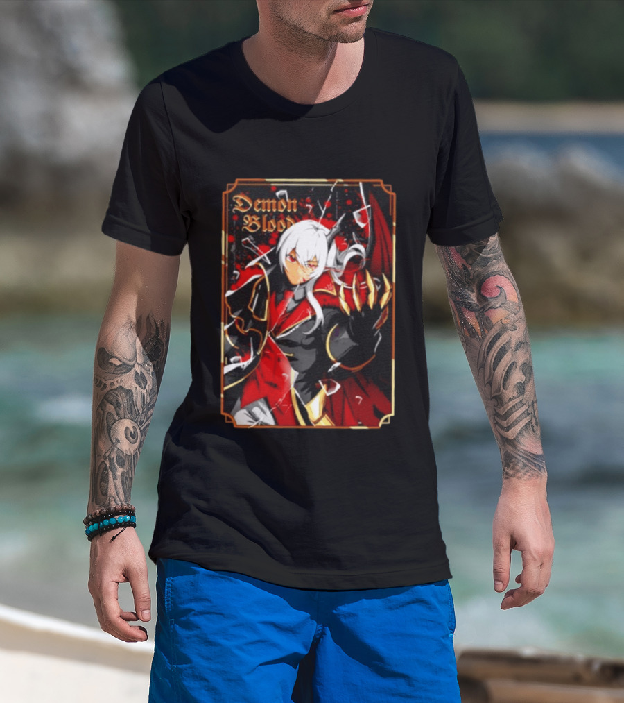 Demon Blood Anime Fantasy Dark Character Design With White Hair And Red Accents T-Shirt