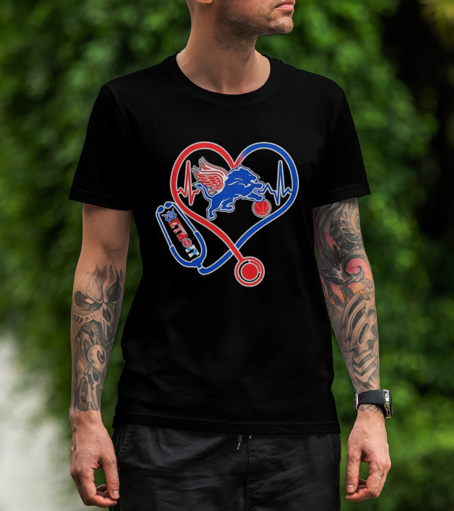 Detroit Heartbeat Stethoscope Lion Playing Basketball T-Shirt