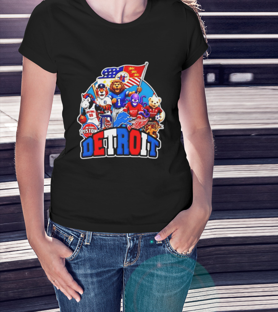 Detroit Lions Tigers Pistons Red Wings Mascots With Flag T-Shirt