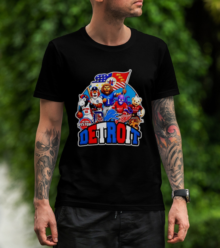 Detroit Lions Tigers Pistons Red Wings Mascots With Flag T-Shirt