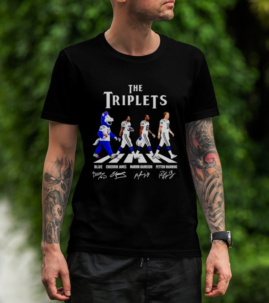 The Triplets Blue Edgerrin James Marvin Harrison Peyton Manning Indianapolis Colts Abbey Road Signatures T-Shirt