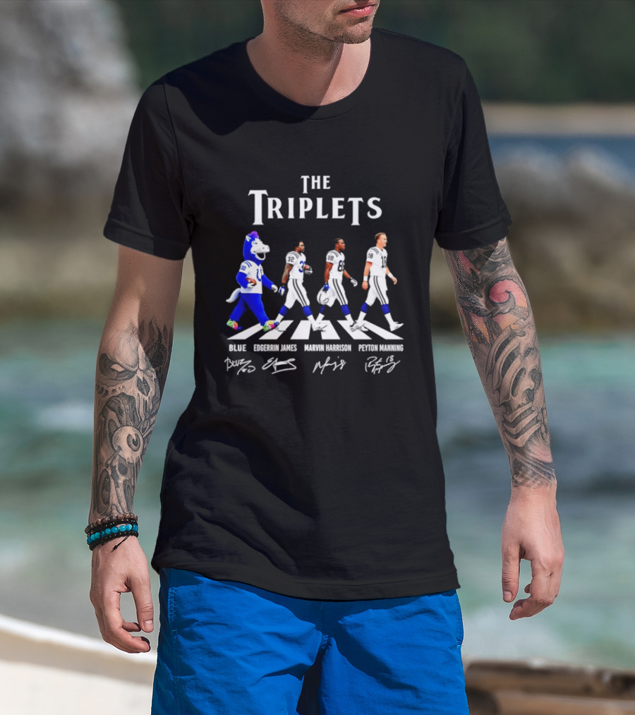 The Triplets Blue Edgerrin James Marvin Harrison Peyton Manning Indianapolis Colts Abbey Road Signatures T-Shirt