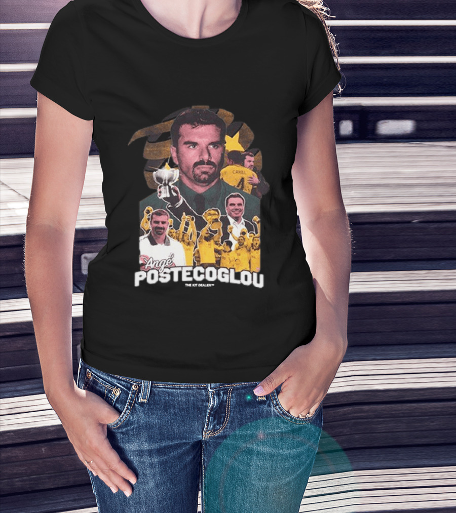 Ange Postecoglou Celebratory Moments With Trophy And Team T-Shirt