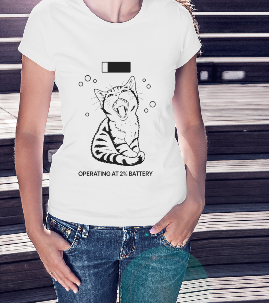 Tired Kitten Yawning Operating At 2% Battery T-Shirt