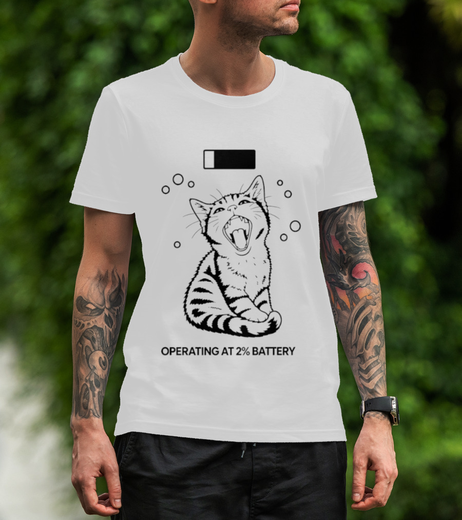 Tired Kitten Yawning Operating At 2% Battery T-Shirt