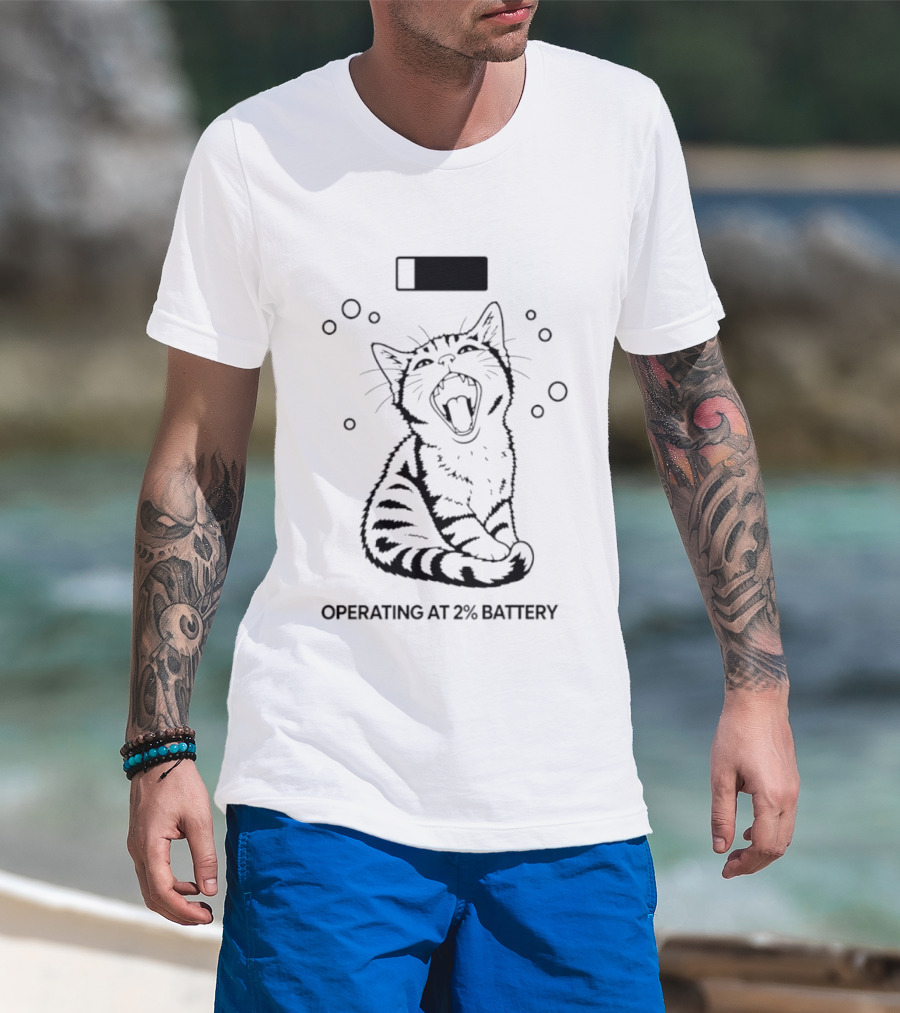 Tired Kitten Yawning Operating At 2% Battery T-Shirt