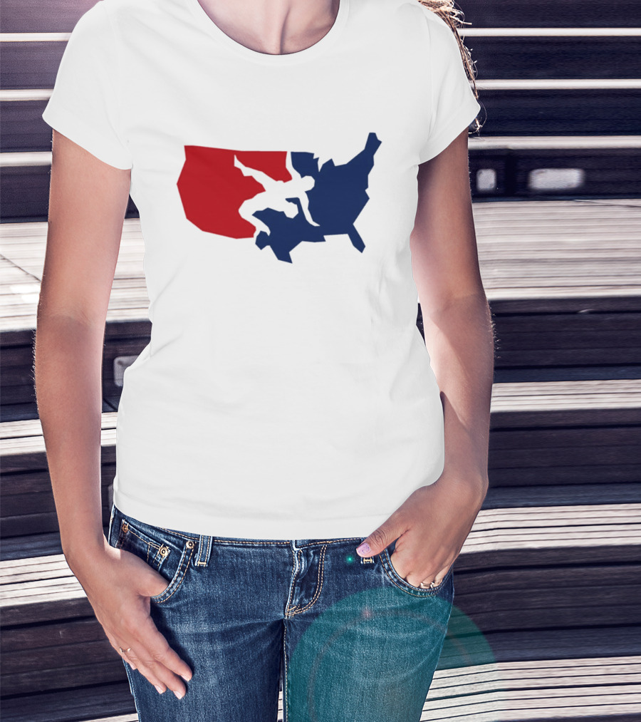 USA Wrestling Map Silhouette Red Blue T-Shirt