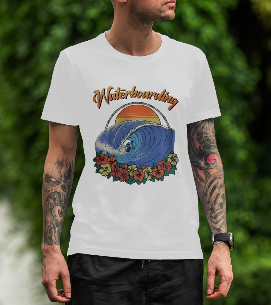 Waterboarding Surfing Tropical Hibiscus Flower Sunset Wave T-Shirt