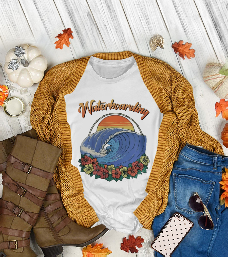 Waterboarding Surfing Tropical Hibiscus Flower Sunset Wave T-Shirt