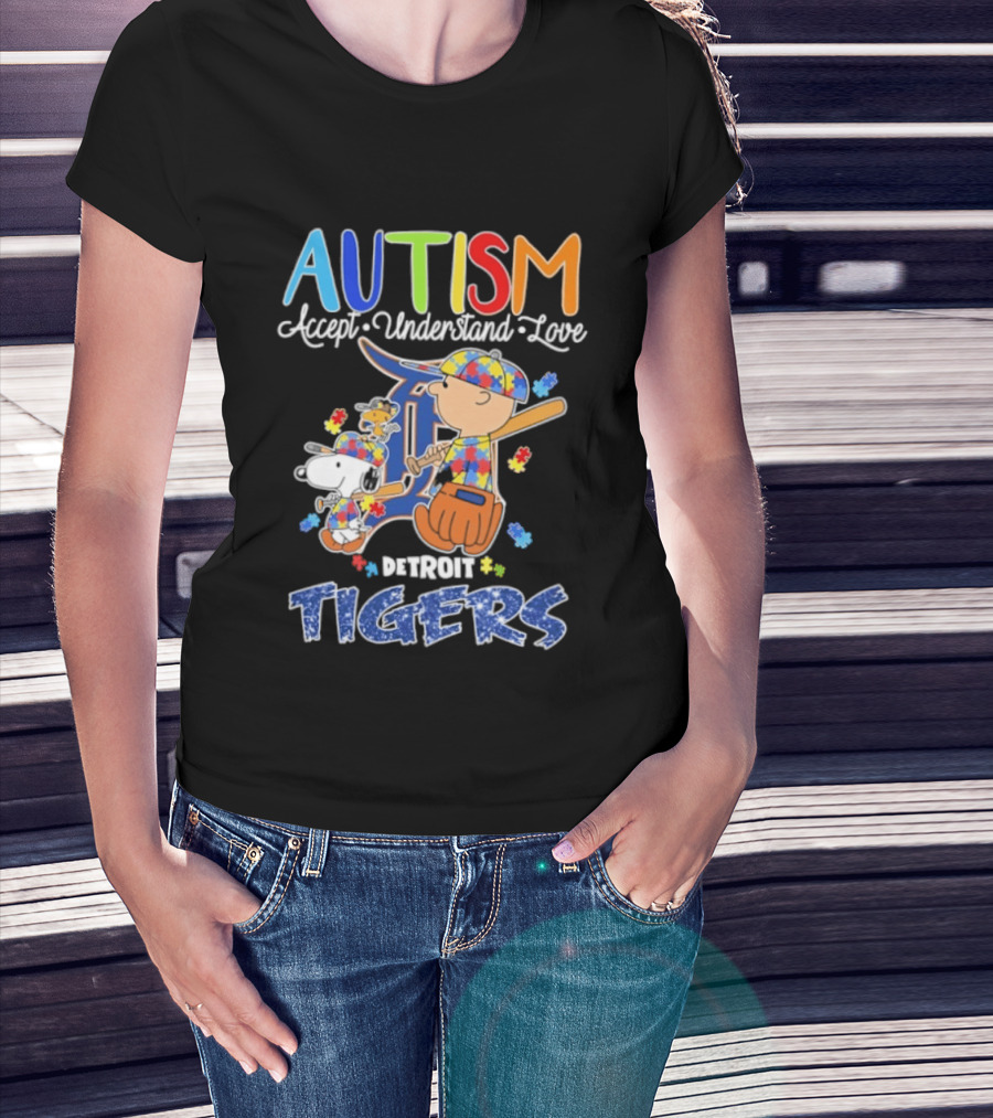 Autism Accept Understand Love Snoopy Charlie Brown Detroit Tigers T-Shirt