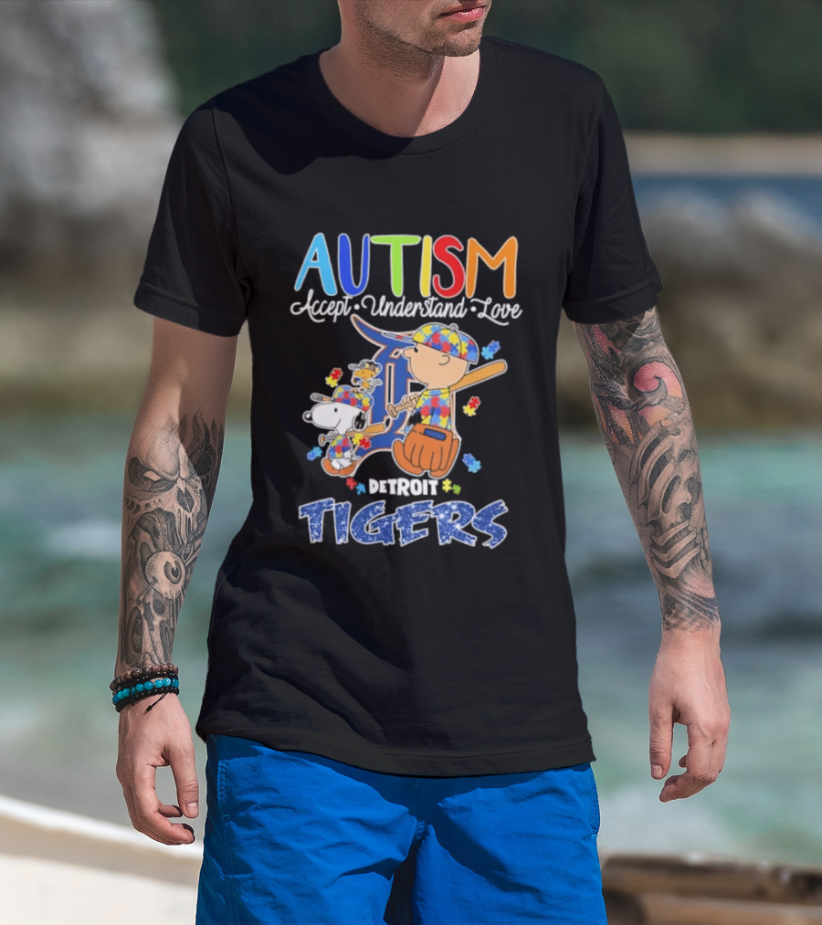 Autism Accept Understand Love Snoopy Charlie Brown Detroit Tigers T-Shirt